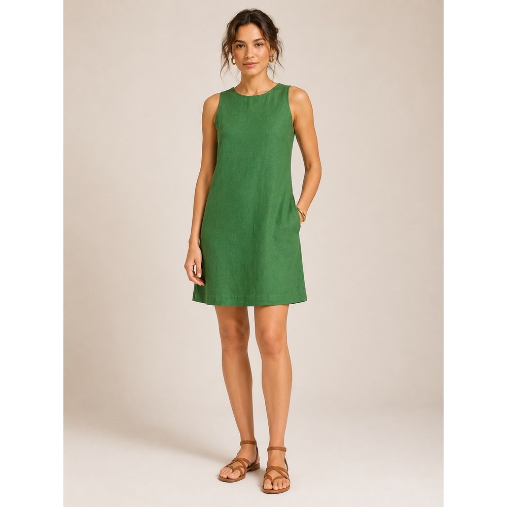 J.Crew Women Linen Blend Shift Mini Dress 0 Green Sleeveless Pockets Boho Preppy
